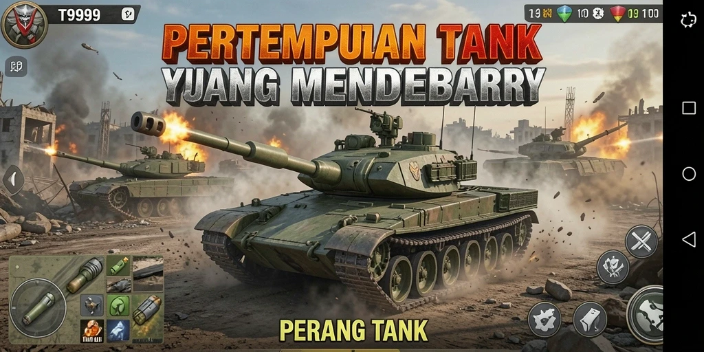Antarmuka permainan T9999 menunjukkan keseruan Perang Tank.
